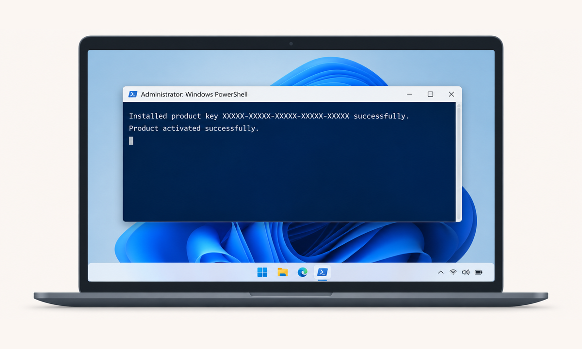 Drawing of an Administrator PowerShell window showing Installed product key successfully and Product activated successfully, with the key hidden