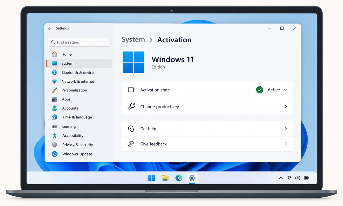 Drawing of the Windows 11 Settings Activation page with Activation state Active highlighted
